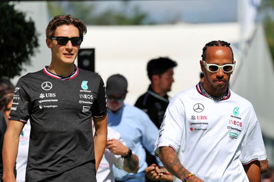 (L to R): George Russell (GBR) Mercedes AMG F1 with Lewis Hamilton (GBR) Mercedes AMG F1. Formula 1 World Championship, Rd