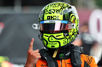 Lando Norris (GBR) McLaren celebrates his pole position in qualifying parc ferme. Formula 1 World Championship, Rd 10,