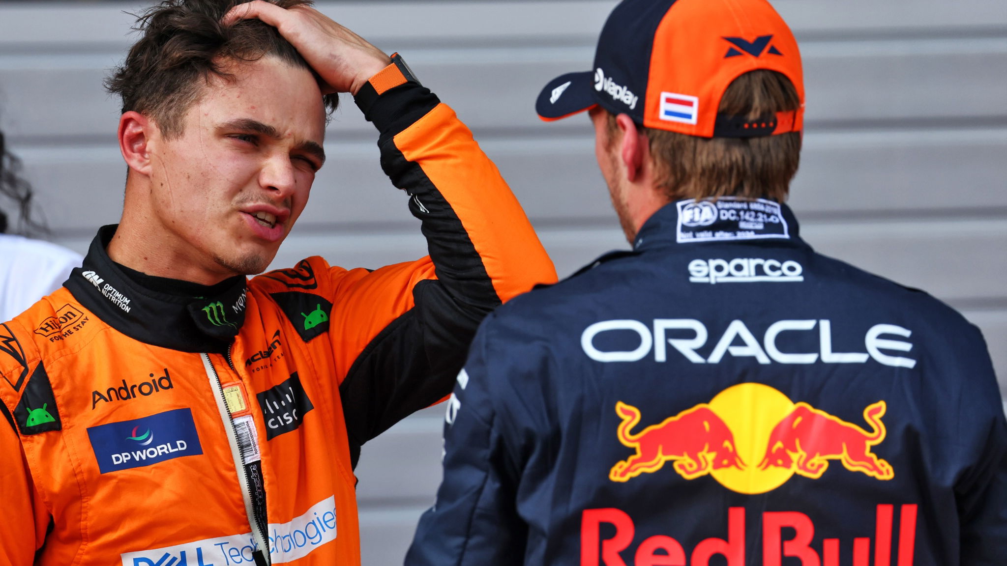 (L to R): Second placed Lando Norris (GBR) McLaren with pole sitter Max Verstappen (NLD) Red Bull Racing in qualifying parc