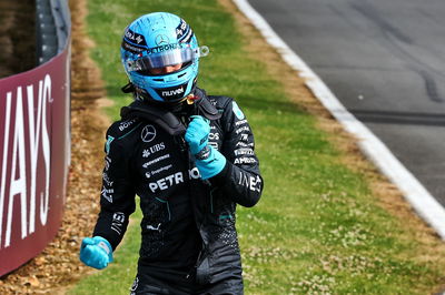 George Russell (GBR) Mercedes AMG F1 celebrates his pole position in qualifying parc ferme. Formula 1 World Championship,