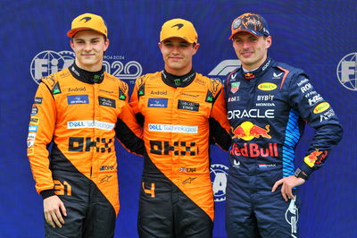 Qualifying top three in parc ferme (L to R): Oscar Piastri (AUS) McLaren, second; Lando Norris (GBR) McLaren, pole position;