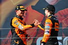 (L to R): Lando Norris (GBR) McLaren celebrates his second position with race winner and team mate Oscar Piastri (AUS)