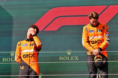 (L to R): Second placed Lando Norris (GBR) McLaren and race winner Oscar Piastri (AUS) McLaren on the podium. Formula 1