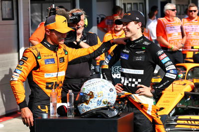 (L to R): Second placed Lando Norris (GBR) McLaren celebrates with team mate and race winner Oscar Piastri (AUS) McLaren in