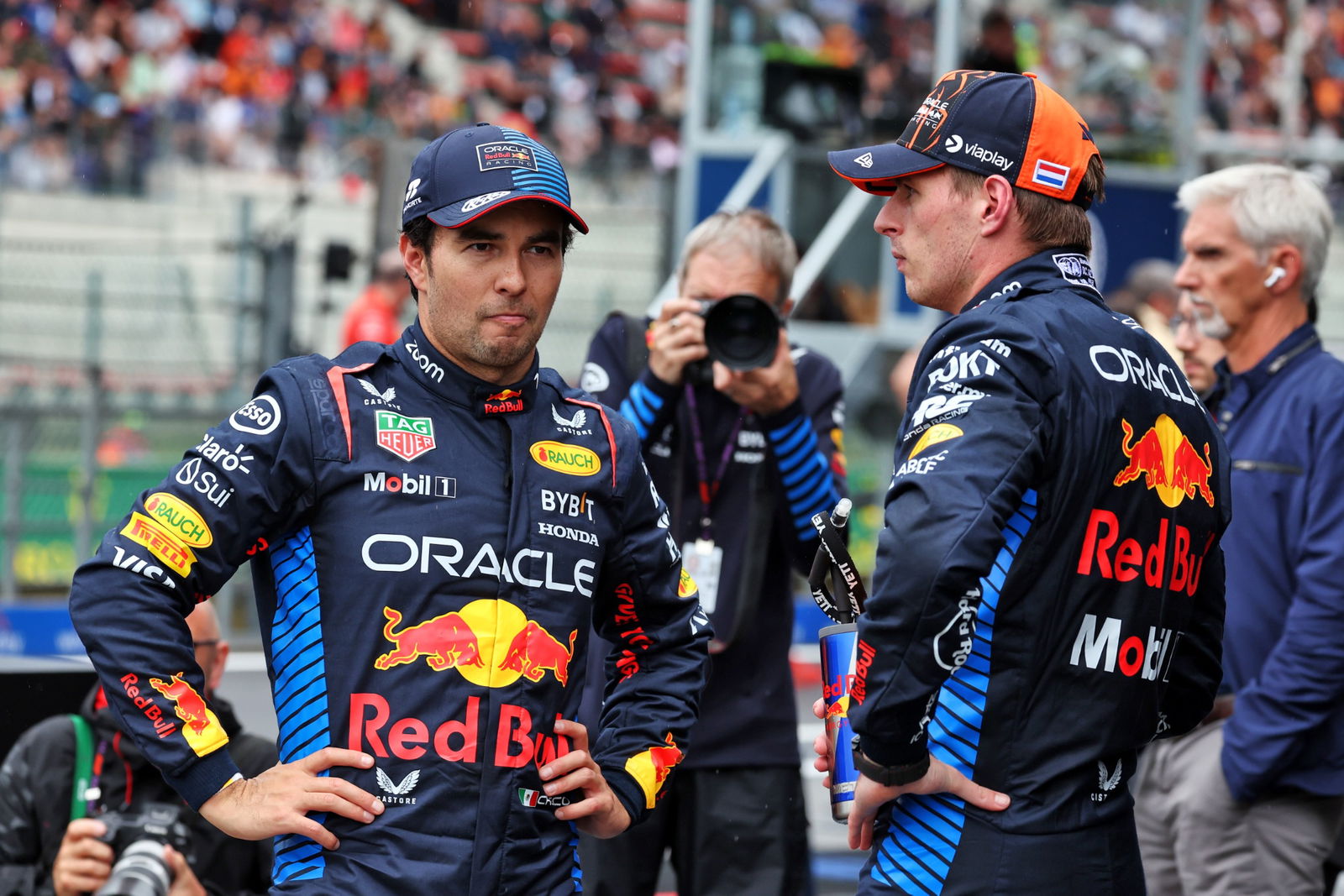 (L to R): Sergio Perez (MEX) Red Bull Racing with team mate Max Verstappen (NLD) Red Bull Racing in qualifying parc ferme.