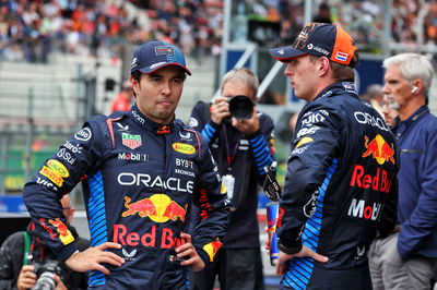 (L to R): Sergio Perez (MEX) Red Bull Racing with team mate Max Verstappen (NLD) Red Bull Racing in qualifying parc ferme.