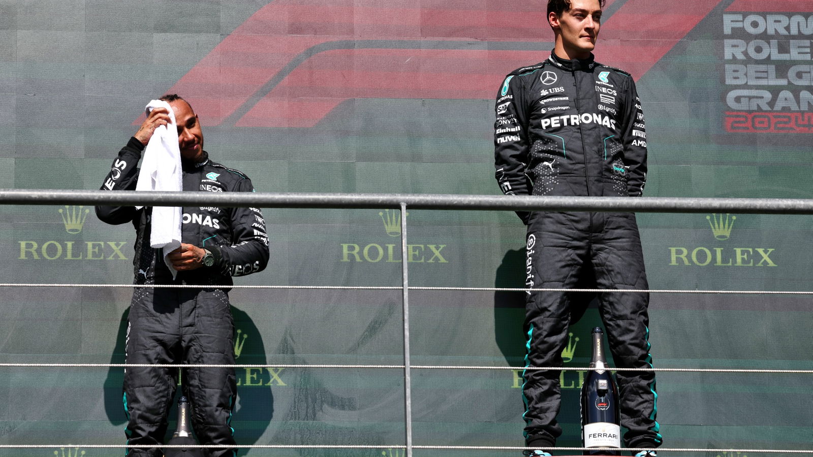 (L to R): Lewis Hamilton (GBR) Mercedes AMG F1 with team mate and race winner George Russell (GBR) Mercedes AMG F1 on the