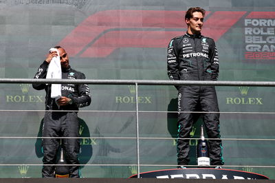 (L to R): Lewis Hamilton (GBR) Mercedes AMG F1 with team mate and race winner George Russell (GBR) Mercedes AMG F1 on the