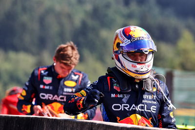 Sergio Perez (MEX) Red Bull Racing in parc ferme. Formula 1 World Championship, Rd 14, Belgian Grand Prix, Spa