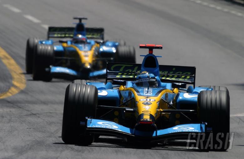 Jarno Trulli leads his Renault F1 team-mate Fernando Alonso