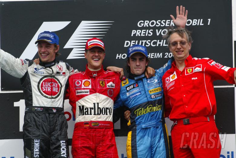 Button, Schumacher, Alonso and Paolo Martinelli on the German GP podium