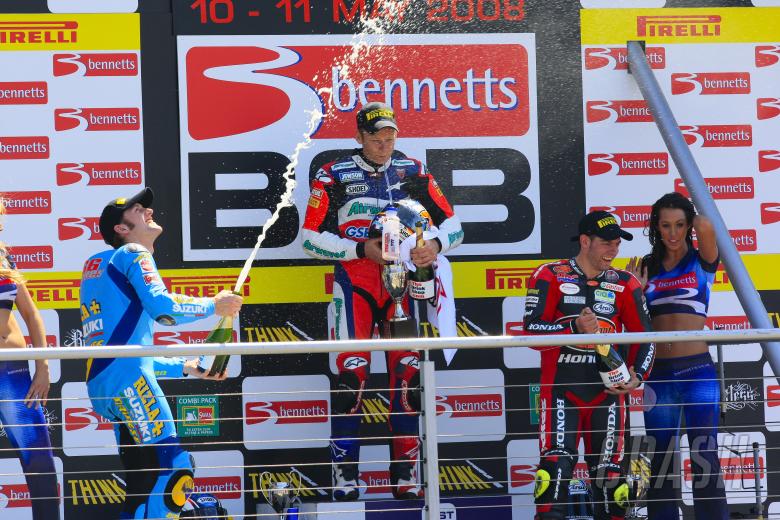 Podium Celebration with champagne, 1st 67. Shane Byrne Airwaves Ducati, Ducati 1098R F08, 2nd 66. To