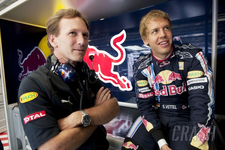Christian Horner (NED) Red Bull Sporting Director, Sebastian Vettel (GER) Red Bull RB5, British F1,