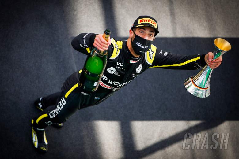 Daniel Ricciardo (AUS) Renault F1 Team celebrates his third position on the podium.