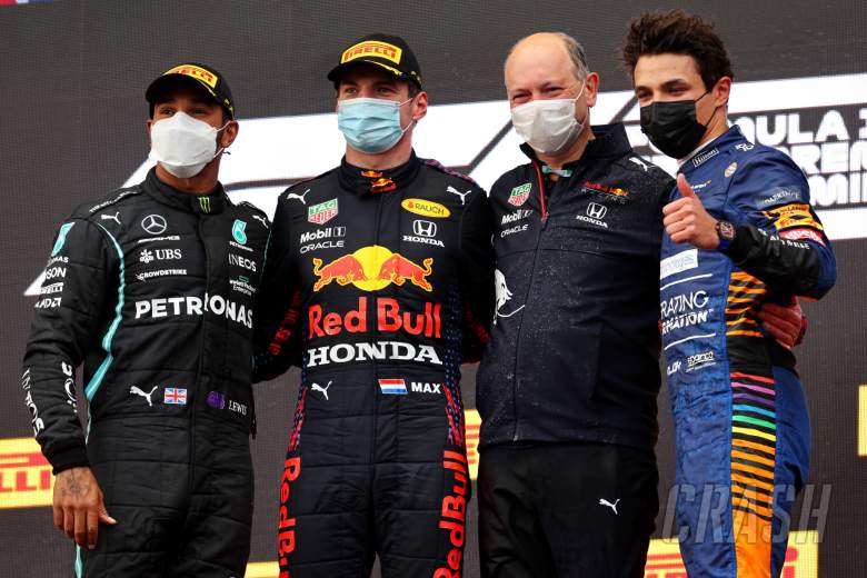 The podium (L to R): Lewis Hamilton (GBR) Mercedes AMG F1, second; Max Verstappen (NLD) Red Bull Racing, race winner; Karl Sengstbratl, Red Bull Racing Finance &amp; Operations Director; Lando Norris (GBR) McLaren, third