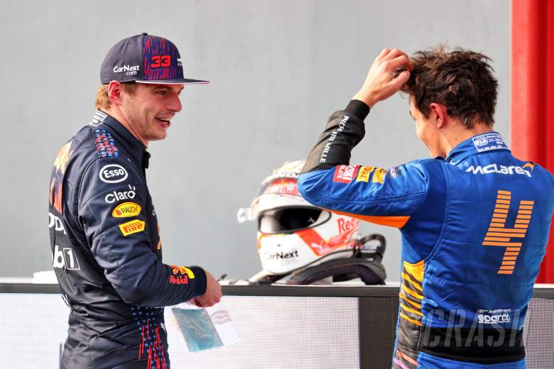 (L to R): Race winner Max Verstappen (NLD) Red Bull Racing and third placed Lando Norris (GBR) McLaren in parc ferme.