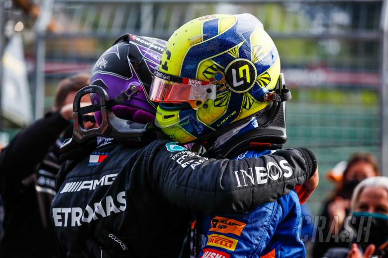 (L to R): Lewis Hamilton (GBR) Mercedes AMG F1 celebrates his second position with third placed Lando Norris (GBR) McLaren in parc ferme.