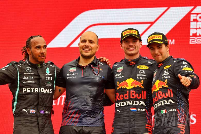 The podium (L to R): Lewis Hamilton (GBR) Mercedes AMG F1, second; Gianpiero Lambiase (ITA) Red Bull Racing Engineer; Max Verstappen (NLD) Red Bull Racing, race winner; Sergio Perez (MEX) Red Bull Racing, third.