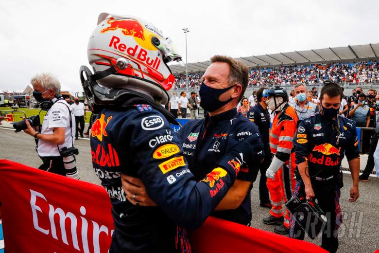 (L to R): Race winner Max Verstappen (NLD) Red Bull Racing celebrates with Christian Horner (GBR) Red Bull Racing Team Principal in parc ferme.