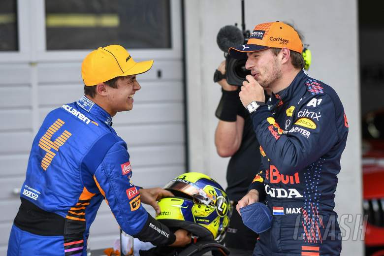 (L to R): Second placed Lando Norris (GBR) McLaren in qualifying parc ferme with pole sitter Max Verstappen (NLD) Red Bull Racing.