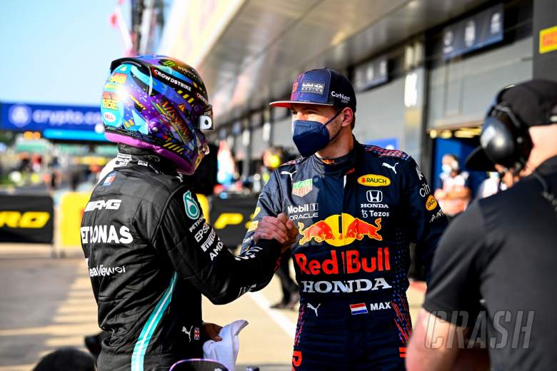 (L to R): Lewis Hamilton (GBR) Mercedes AMG F1 celebrates being fastest in qualifying in parc ferme with Max Verstappen (NLD) Red Bull Racing.