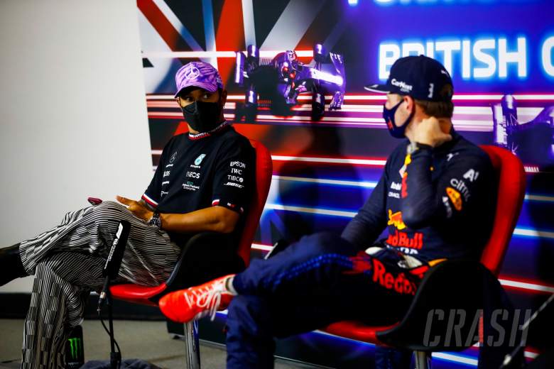 (L to R): Lewis Hamilton (GBR) Mercedes AMG F1 and Max Verstappen (NLD) Red Bull Racing in the post Sprint Qualifying FIA Press Conference.