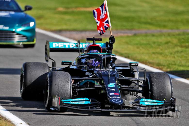 Race winner Lewis Hamilton (GBR) Mercedes AMG F1 W12 celebrates entering parc ferme.