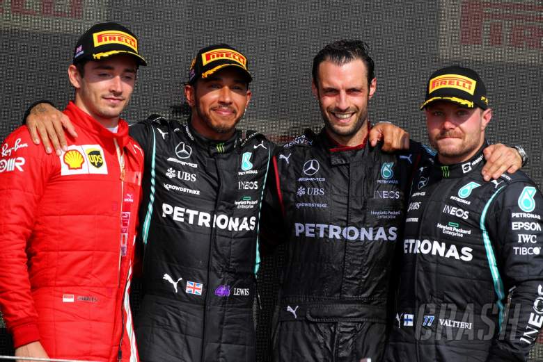 The podium (L to R): Charles Leclerc (MON) Ferrari, second; Lewis Hamilton (GBR) Mercedes AMG F1, race winner; Valtteri Bottas (FIN) Mercedes AMG F1, third.