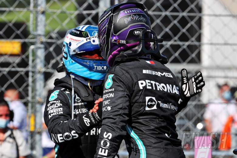 Lewis Hamilton (GBR) Mercedes AMG F1 celebrates his pole position in qualifying parc ferme with second placed team mate Valtteri Bottas (FIN) Mercedes AMG F1.