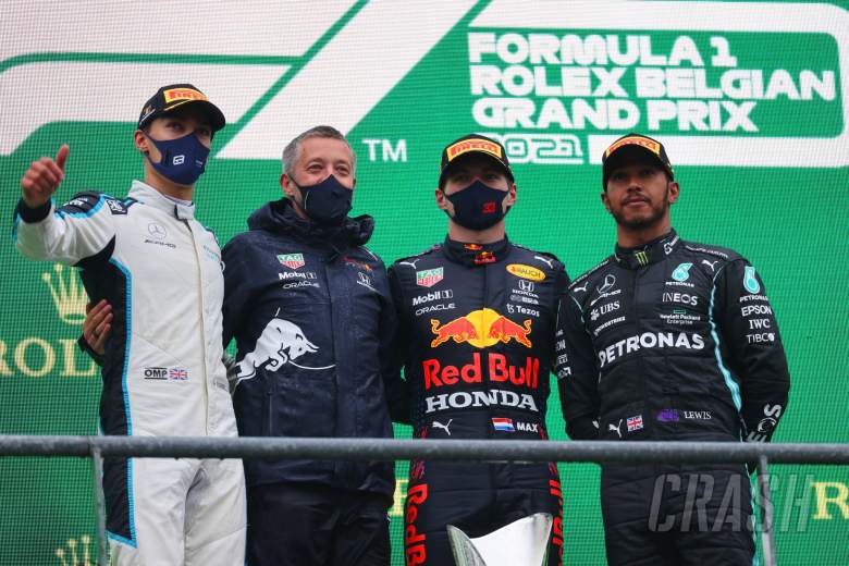 1st place Max Verstappen (NLD) Red Bull Racing RB16B, 2nd place George Russell (GBR) Williams Racing FW43B and 3rd place Lewis Hamilton (GBR) Mercedes AMG F1 W12.