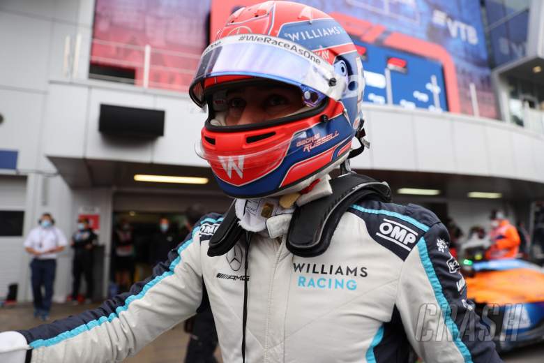 George Russell (GBR) Williams Racing FW43B celebrates 3rd position in qualifying parc ferme.