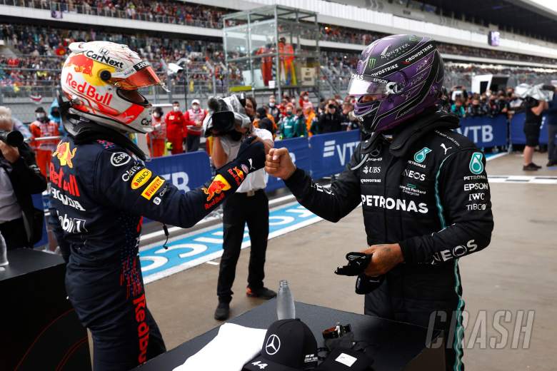 Race winner Lewis Hamilton (GBR) Mercedes AMG F1 (Right) celebrates in parc ferme with second placed Max Verstappen (NLD) Red Bull Racing.
