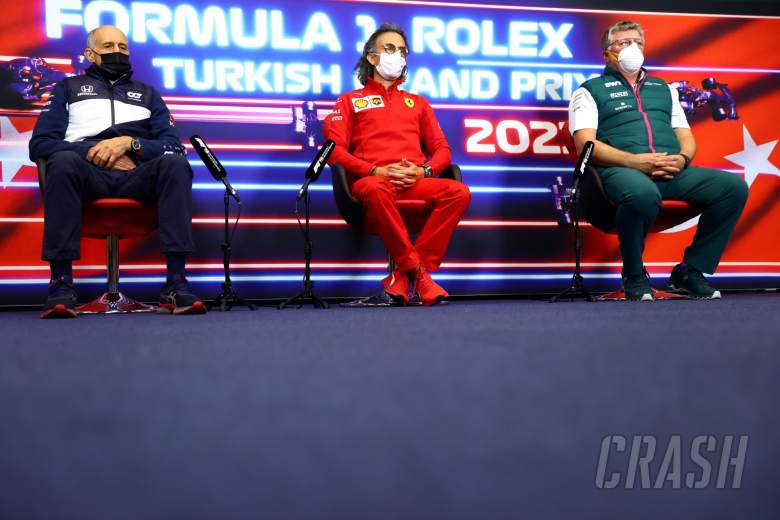 (L to R): Franz Tost (AUT) AlphaTauri Team Principal; Laurent Mekies (FRA) Ferrari Sporting Director; and Otmar Szafnauer (USA) Aston Martin F1 Team Principal and CEO, in the FIA Press Conference.