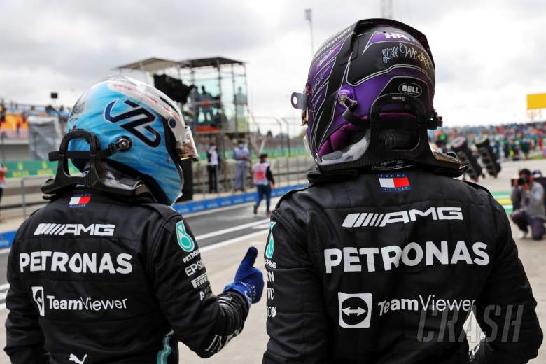 (L to R): Pole sitter Valtteri Bottas (FIN) Mercedes AMG F1 with team mate and fastest in qualifying Lewis Hamilton (GBR) Mercedes AMG F1 in parc ferme.