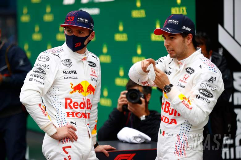 (L to R): Max Verstappen (NLD) Red Bull Racing with team mate Sergio Perez (MEX) Red Bull Racing in parc ferme.