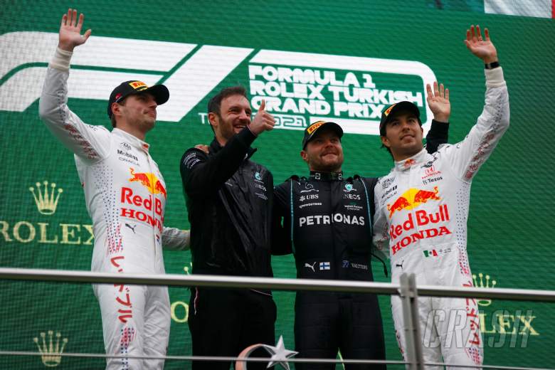 The podium (L to R): Max Verstappen (NLD) Red Bull Racing, second; Valtteri Bottas (FIN) Mercedes AMG F1, race winner; Sergio Perez (MEX) Red Bull Racing, third.