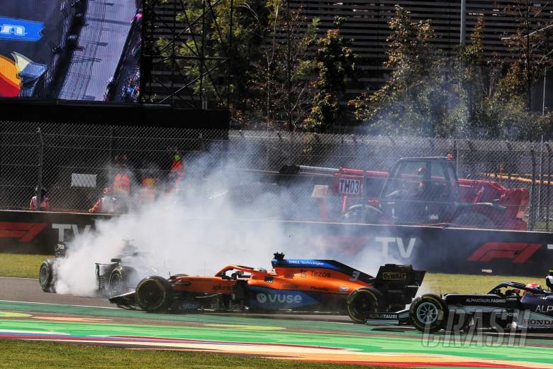 Valtteri Bottas (FIN) Mercedes AMG F1 W12 spins after being hit by Daniel Ricciardo (AUS) McLaren MCL35M at the start of the race.
