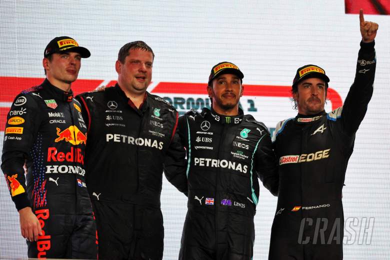 The podium (L to R): Max Verstappen (NLD) Red Bull Racing, second; Lewis Hamilton (GBR) Mercedes AMG F1, race winner; Fernando Alonso (ESP) Alpine F1 Team, third.