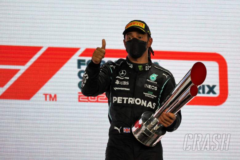 Race winner Lewis Hamilton (GBR) Mercedes AMG F1 celebrates on the podium.