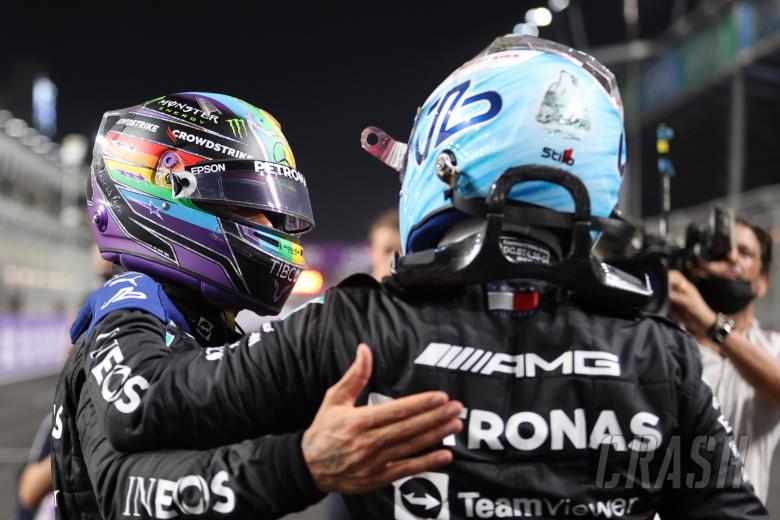 Lewis Hamilton (GBR) Mercedes AMG F1 celebrates his pole position in qualifying parc ferme with Valtteri Bottas (FIN) Mercedes AMG F1 W12.