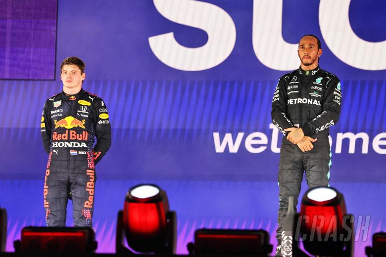 (L to R): Second placed Max Verstappen (NLD) Red Bull Racing and race winner Lewis Hamilton (GBR) Mercedes AMG F1 on the podium.