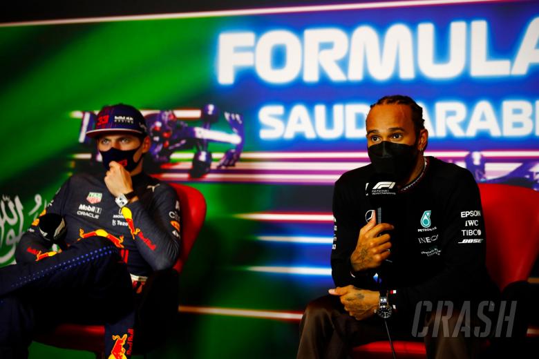 Lewis Hamilton (GBR) Mercedes AMG F1 and Max Verstappen (NLD) Red Bull Racing in the post race FIA Press Conference.