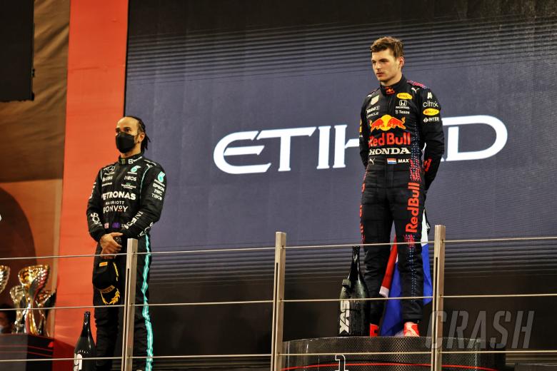 (L to R): second placed Lewis Hamilton (GBR) Mercedes AMG F1 on the podium with race winner and World Champion Max Verstappen (NLD) Red Bull Racing.
