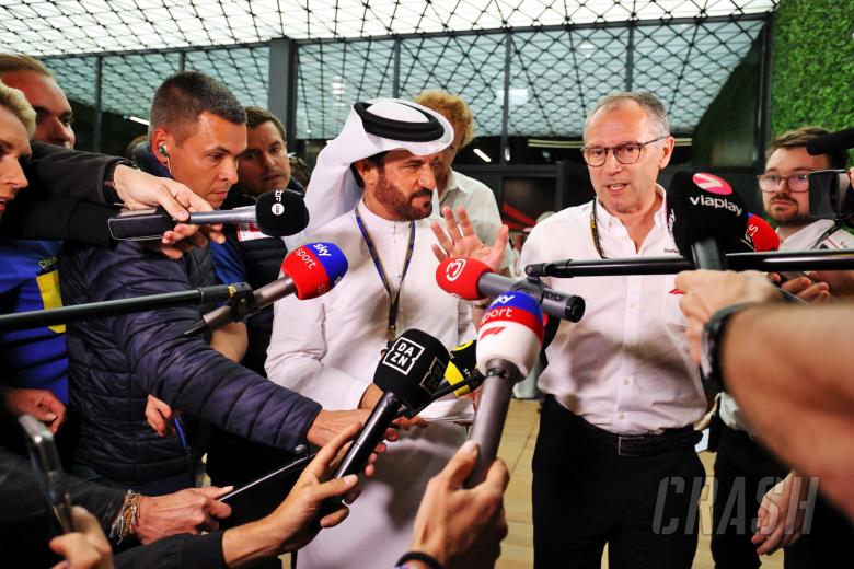 (L to R): Mohammed Bin Sulayem (UAE) FIA President and Stefano Domenicali (ITA) Formula One President and CEO address the media after a meeting if teams and drivers following a missile strike on an Aramco oil facility near to the circuit.
