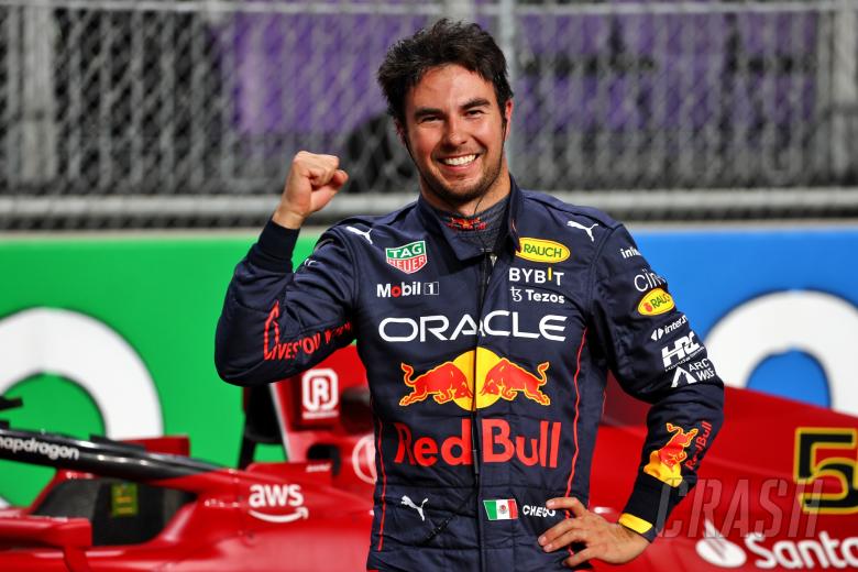 Sergio Perez (MEX) Red Bull Racing celebrates his pole position in qualifying parc ferme.