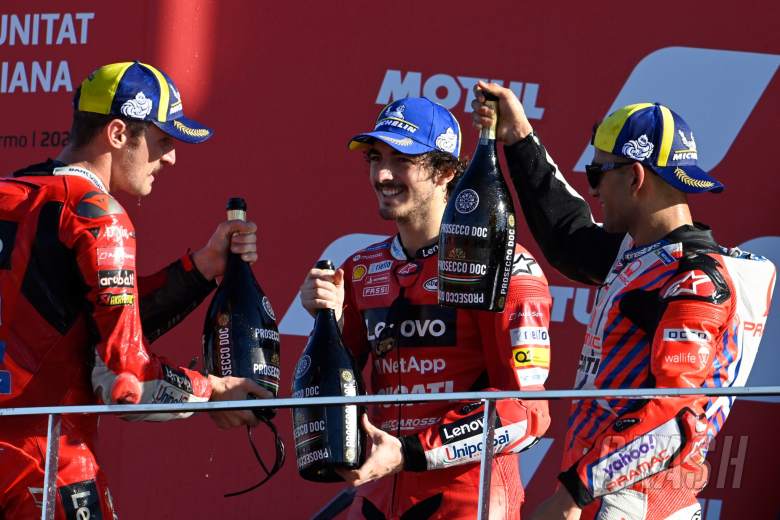 Francesco Bagnaia, Jorge Martin, Jack Miller podium, Valencia MotoGP race, 14 November 2021