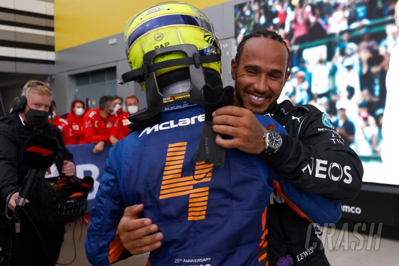 (L to R): Lando Norris (GBR) McLaren with race winner Lewis Hamilton (GBR) Mercedes AMG F1 in parc