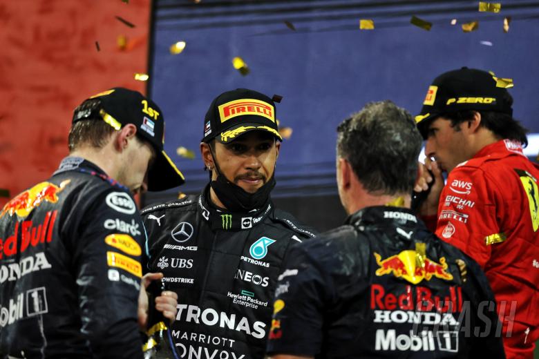 The podium (L to R): Max Verstappen (NLD) Red Bull Racing, race winner, and World Champion; Lewis Hamilton (GBR) Mercedes