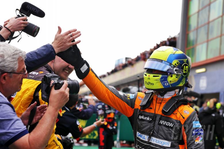 Lando Norris (GBR) McLaren celebrates his third position in parc ferme. Formula 1 World Championship, Rd 4, Emilia Romagna