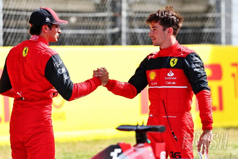 Charles Leclerc (MON) Ferrari (Right) celebrates his pole position in qualifying parc ferme with third placed team mate